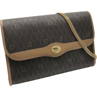 Dior Chain Shoulder Bag Honeycomb Pattern Leather Brown Gold