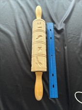 Vintage Wooden EMBOSSING ROLLING PIN With 16 Designs LEAVES BIRDS HEARTS ...