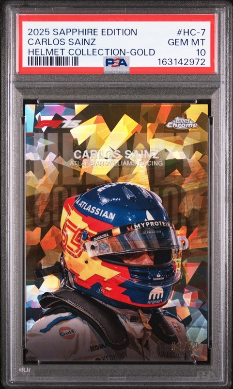 2025 Topps Chrome Sapphire Formula 1 Carlos Sainz Helmet Gold #/50 PSA 10