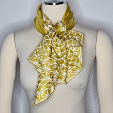 Vintage Style Mustard Yellow White Lattice Scroll Square Silk Scarf Accessory