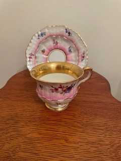 Meissen Tea Cup and Saucer Crossed Swords Pink Blue Flowers Gold Accents