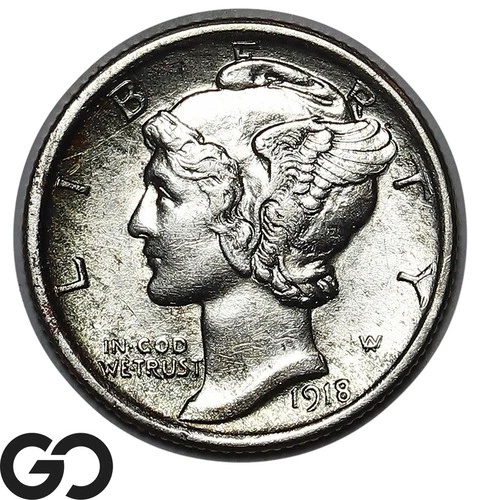 1918 Mercury Dime, Full Bands, Tougher Choice AU Date