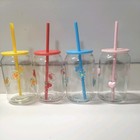 Set of 4 Viral 5.5” Glass Tumblers With Lids And Straws, Red Yellow Blue Pink — photo 1