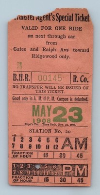 Brooklyn Heights Railroad Co May 23 1908 Gates Ralph Avs Ridgewood Ticket