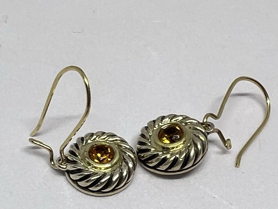 Pendientes colgantes DAVID YURMAN de plata de ley y oro de 14 k para galletas de citrino Foto 3 de 4