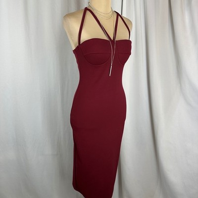 Boohoo Night Burgundy Bodycon Midi Dress Strappy Bustier Dress US 6 NWT