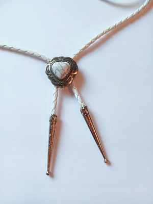 Heart Shape Bolo Tie W/ White Stone 36'' 4mm Braided White Cord, 2.12 Silver Tips