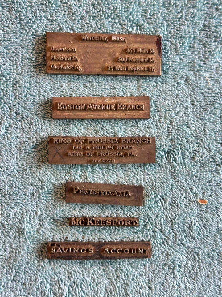 6 Solid Brass Mass. & Penn. Banking System Letter Printing Press Stamps Vintage - Image 2 of 3