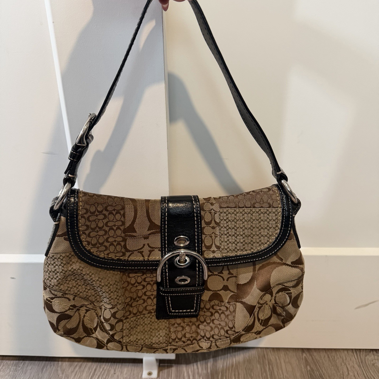 Coach F12316 Vintage Soho Brown Signature C Canvas Patchwork Shoulder Bag