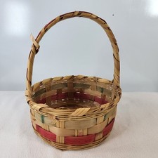 Vintage 1950's/60's Bamboo Wicker Pink Green Splints Easter Basket Mexico Round