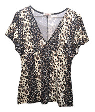SELE Women's Short Sleeve Blouse Leopard Print V-Neck Size L Top