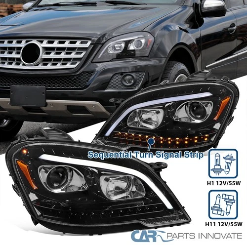 Fits 2009-2011 Benz W164 ML350 Projector Headlights LED Sequential Pearl Black