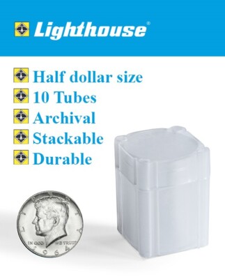 10 Half Dollar Square Coin Tubes Archival Storage Containers Kennedy / Liberty
