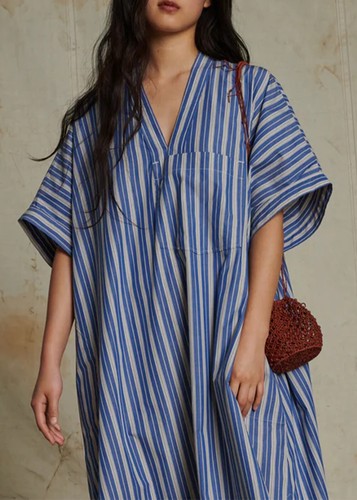 SOEUR Blue & White Stripe 100% Cotton V Neck Loose Fit Summer Dress 38 UK12-18
