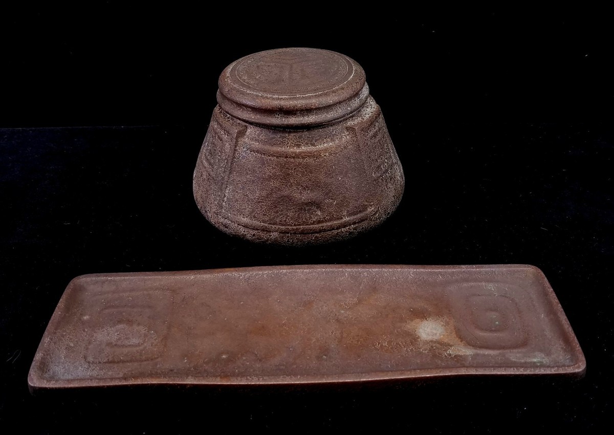 Art Deco 1930s Tiffany & Co Bronze Greek Key Large Inkwell W