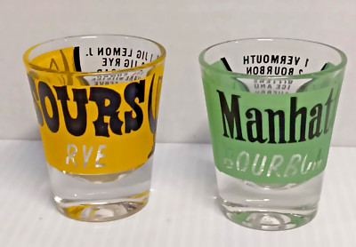 SHOT glasses set 2 Manhattan and Sours Rye perfect condition Directions On Glass