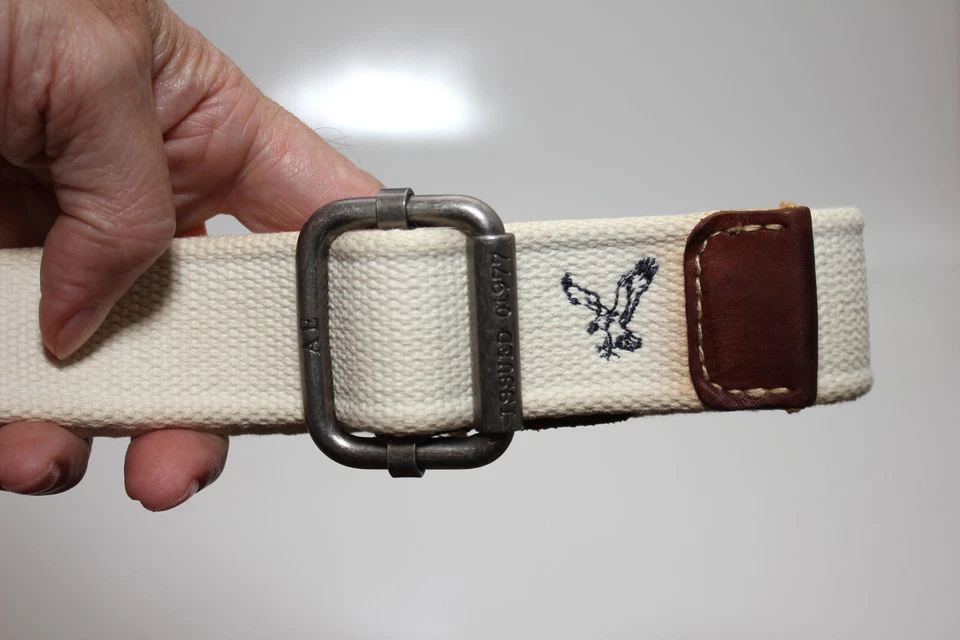 Cinturón con correas de cuero marrón/algodón blanco American Eagle TALLA M/L 45" de largo DE COLECCIÓN Foto 4 de 4