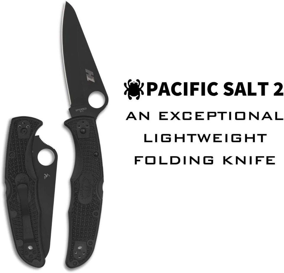 Navaja de bolsillo plegable Spyderco Pacific Salt 2 3,78" negra H-1 borde liso C91PBBK2 Foto 2 de 4