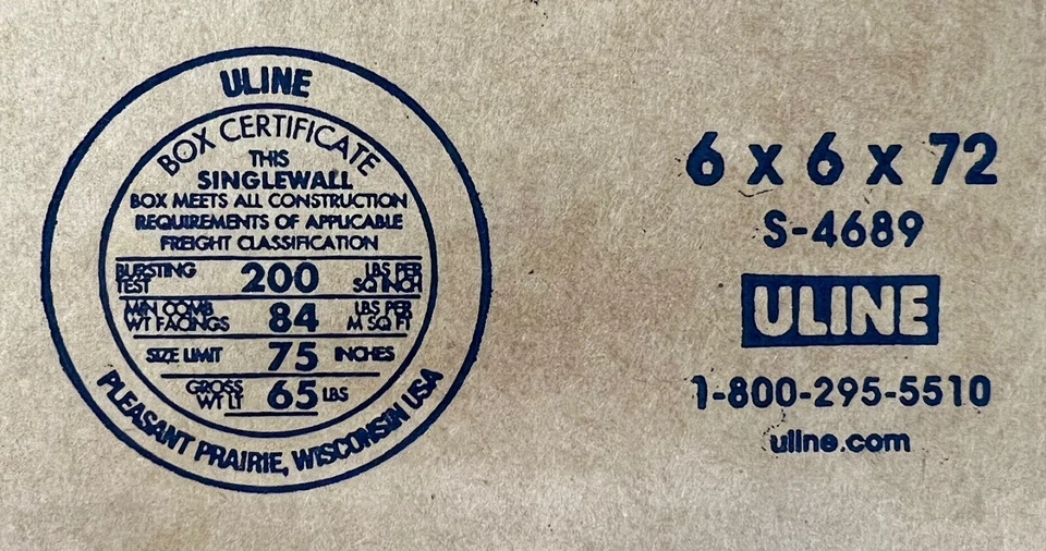 6" x 6" x 72" CARDBOARD BOX - 200 lb - SINGLE BOX - TALL - Image 2 of 4