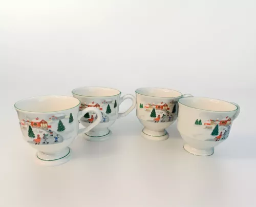 4 Sango Silent Night Footed Coffee Mugs Winter Scenes #3900 Vintage Christmas