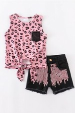 New Pink Leopard Print Tanktop Sequin Denim Shorts Set Girls 12m 2 3 4 5 7 8