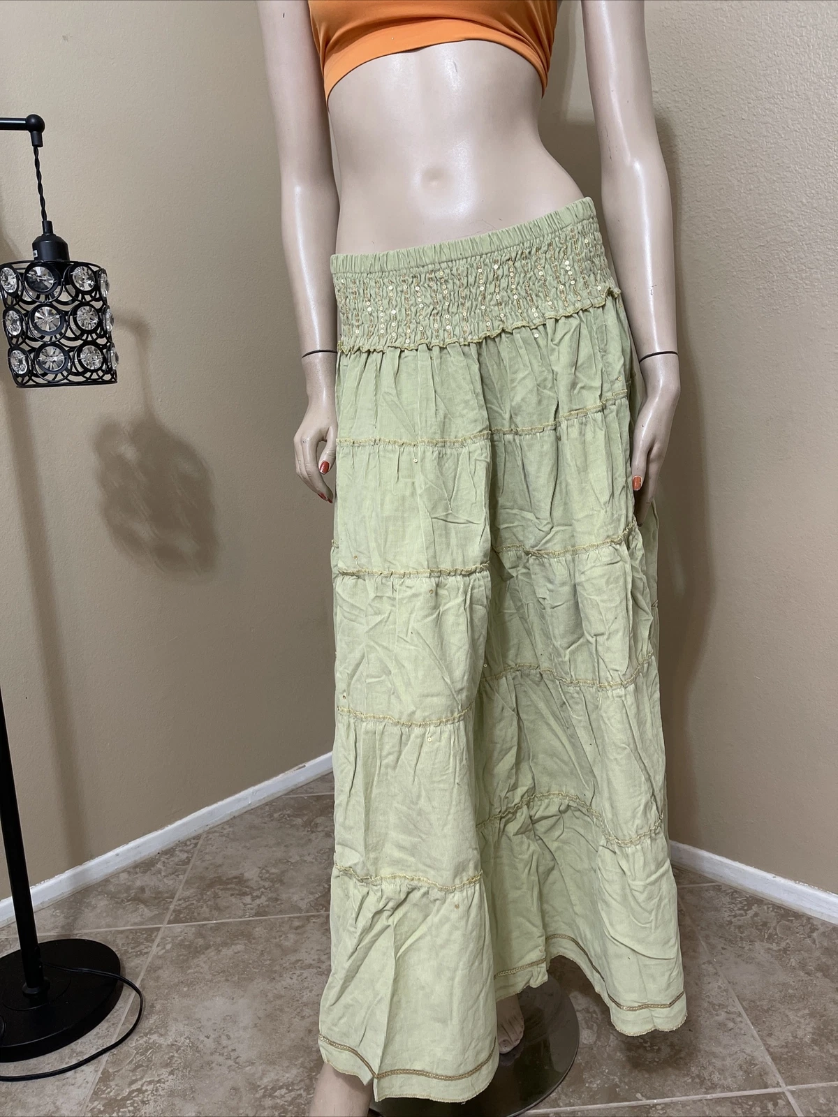 Women’s Light Green Cotton Casual Boho Beaded Ruffle Hippie Velvet Size M Skirt