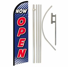 Now Open Full Curve Windless Swooper Flag  Pole Kit Open Now BL/WT
