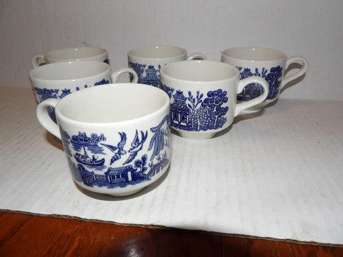 6 Vintage Made in England  Blue Willow Footed Coffee Tea Cup Mug Ceramic