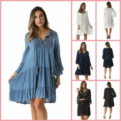 Plus Size Flowy Dress Sundress Casual Beach Dresses Bohemian Bell Sleeves Ebay
