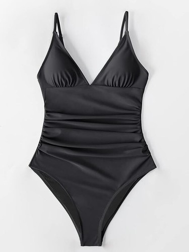 CUPSHE Women's One Piece Swimsuit Tummy Control V Neck Bathing Suits Black Sz MD - Picture 2 of 5
