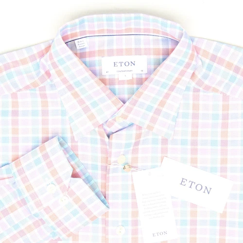 NWT Eton Contemporary Mens Dress Shirt 16/36 L Pink Blue Orange Check Cotton