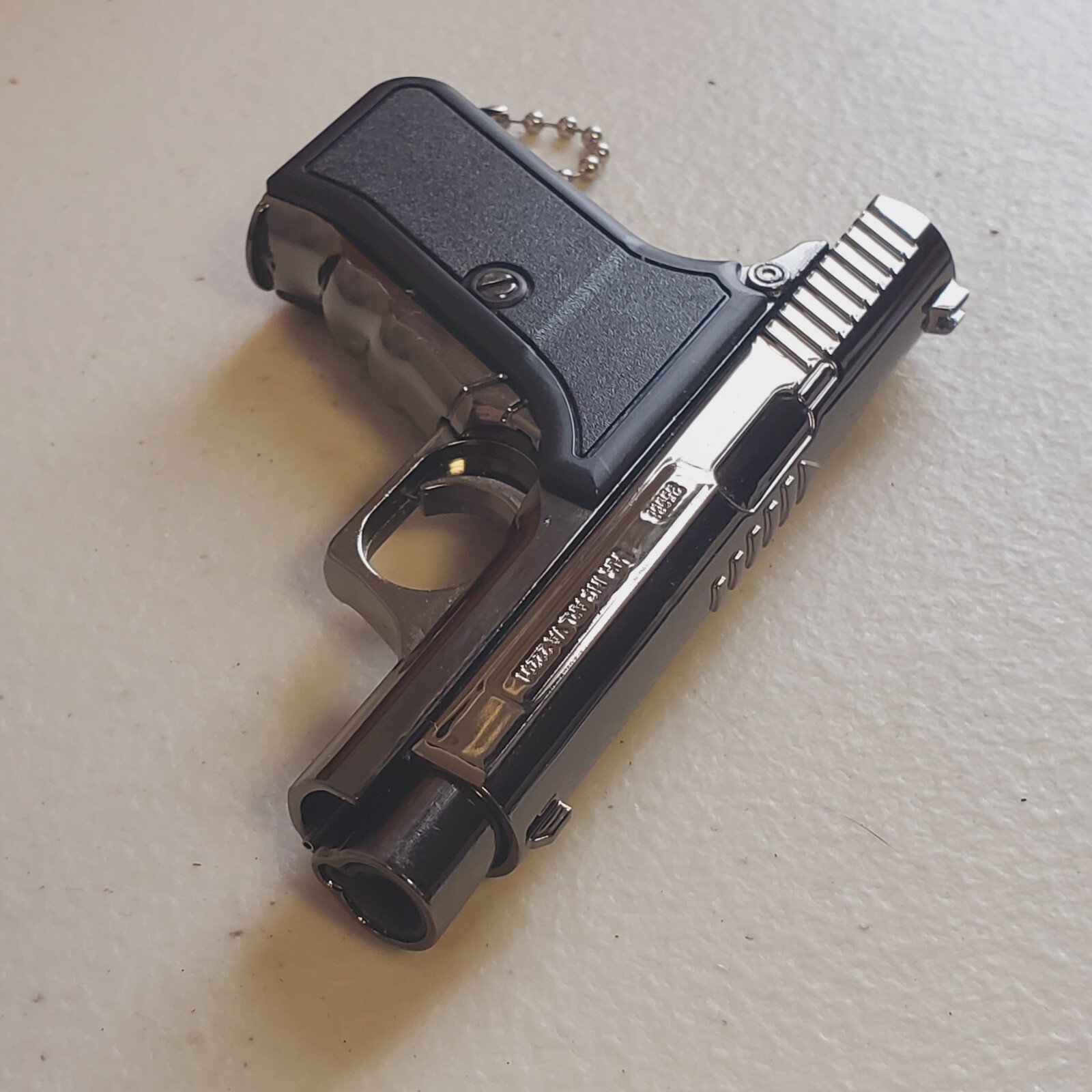 Pistol Shaped Gun Lighter FIRE Chrome METAL, Cocking Hammer, Mini 9 mm. USA SHIP
