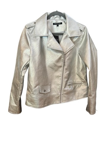 Baccini Faux leather Motto Jacket Lined Size M Full Zip Silver