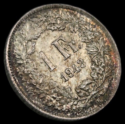 1943 Switzerland 1 Franc Sharp Light Toning Old Silver World Coin KM:24 (bk24) - Picture 2 of 4