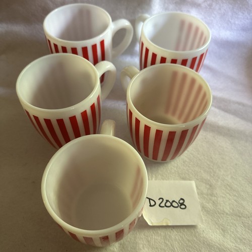5 Vintage Hazel Atlas Red Milk Glass Candy Striped Coffee Mugs Cups Coffee - Picture 2 of 18