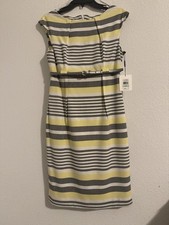 Calvin Klein Sheath Dress Striped Yellow Gray White Belted Sleeveless Size 8