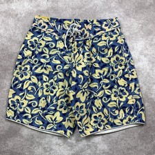 Vintage OP Ocean Pacific Swim Trunks Mens 34 Yellow Blue Floral Drawstring Beach