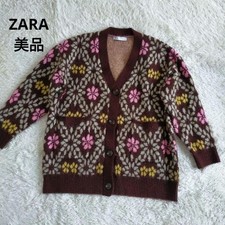 ZARA Flower Jacquard Knit Cardigan Thick Loose Brown