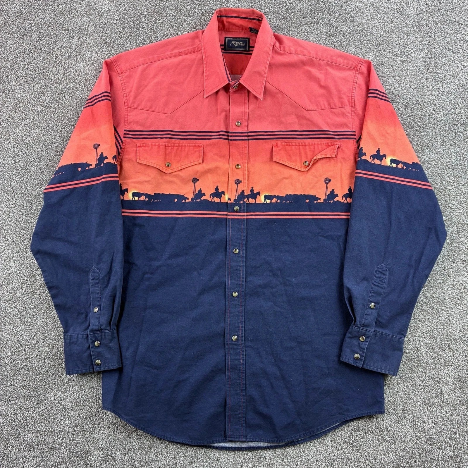 Vintage Roper Western Shirt Mens Large Blue Orange Pearl Snap Cowboy Sunset