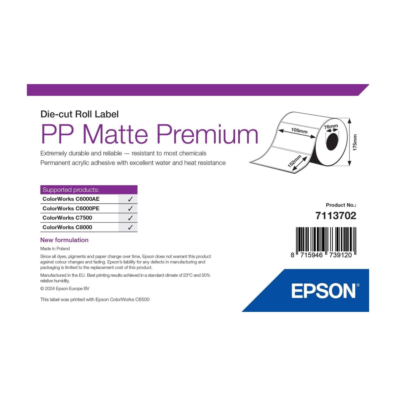 Original Epson PP Matte Premium 105mm x 152mm Die-cut Label Roll - 800 Labels (7