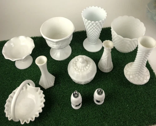 Vintage Milk Glass Lot, 12 Pcs.  Dishes, Cups, Bowls, Vases HOOSIER GLASS Fenton