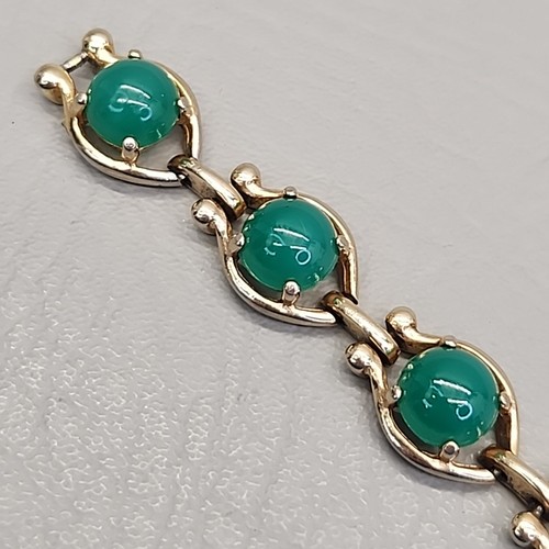 Vintage Reja Bracelet Green Glass Round Cabochon Gold Tone Linked Chain 6.25" - Picture 6 of 22