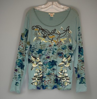 Sundance Top Womens L Blue Green Artsy Western Boho Beaded Embroidered Rodeo Tee