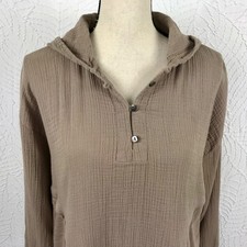 J JILL PureJill 100 Cotton Hoodie Pullover Size M Petite Brown Pockets Texture