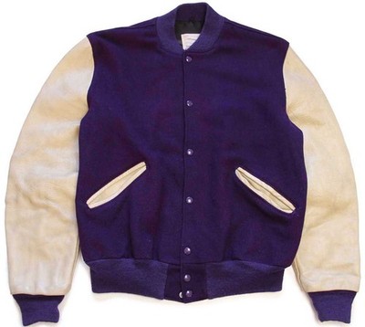 70S Delong Melton Wool Sleeve Leather Varsity Jacket Purple Beige 44L  No.rs995