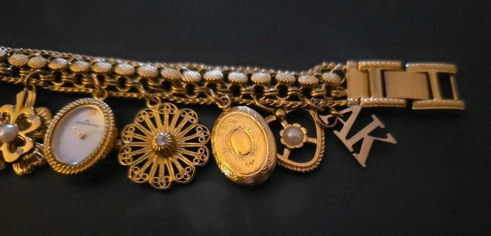 Anne Klein Vintage Style Gold Plated w/8 Charms Bracelet/Oval Watch ~ NEVER WORN - Image 3 of 4
