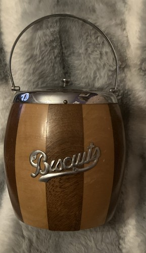 VINTAGE RETRO 6O’S LANCRAFT TREEN BISCUIT BARREL WITH CERAMIC LINER , CHROME LID