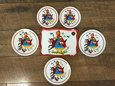 Vintage Child's Red Riding Hood Tin Tea Set Lot 6 Pieces Saucers Plates Tray