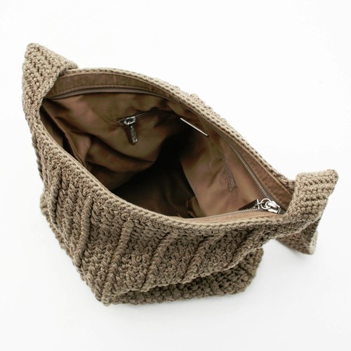 The SAK Tan/Beige Crocheted Knit & Nylon Zip Top Shoulder Bag Handbag Hobo Purse - Picture 6 of 7