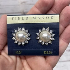 New Vintage Field Manor  Gold Pearl Crystal Halo Stud Earrings